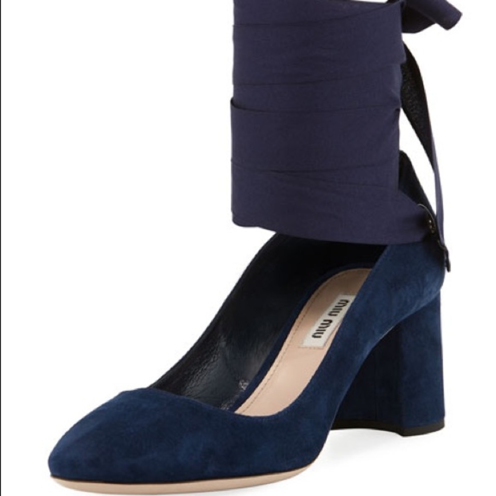 Miu Miu Suede Ankle-Wrap Pump, Oltremare